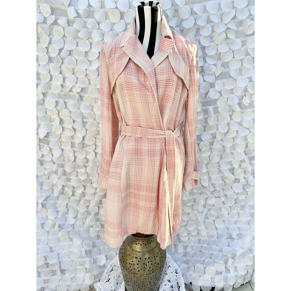 Lauren Conrad Pink Plaid Trench coat Very Berry Large Cotton Rayon SPRINGY - Picture 2 of 10